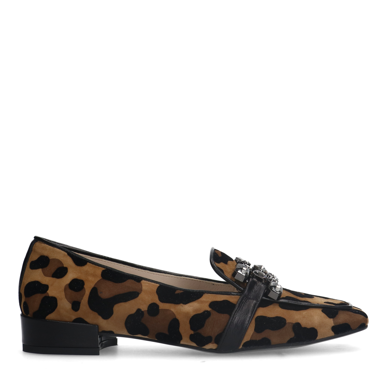 Suède leopard loafers met chain