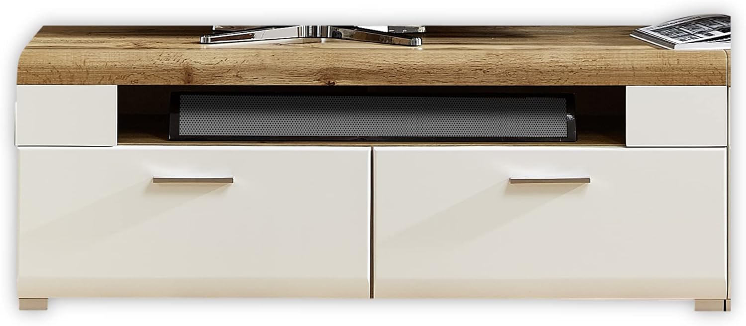 Stella Trading Fun Plus TV-Board mit schönem Eiche-Dekor Oberboden - 140 x 51 x 47 cm (B/H/T) ,Weiss Matt , Absetzungen Hirnholz