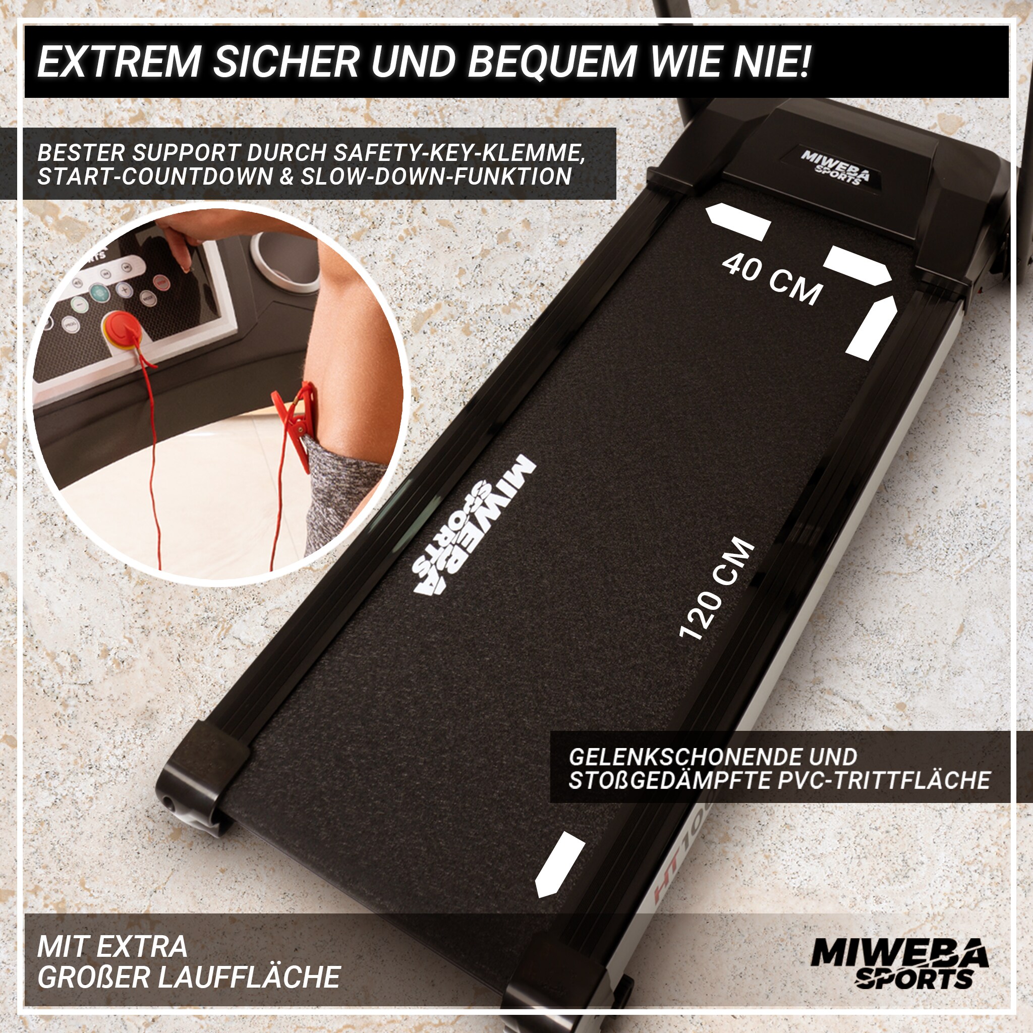 Miweba Sports Laufband Home Track HT1000F, klappbar, mit Steigung, 1-16km/h, Quick-Speed, Safety-Key (Schwarz)