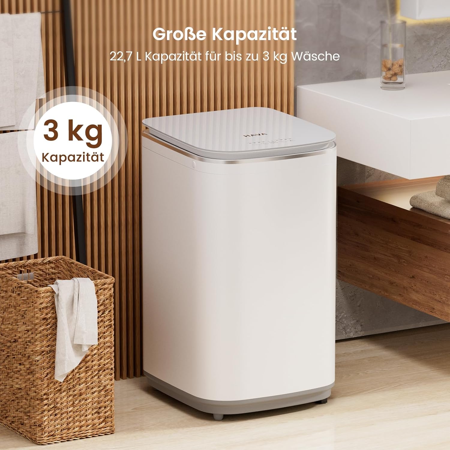 HAVA Mini Waschmaschine, 3 kg Fassungsvermögen Kleine Waschmaschine & Schleuder, Vollautomatisch mit 8 Programmen, Heißwaschfunktion & Ablaufpumpe, Platzsparend für Wohnungen, Wohnheime und Wohnmobile