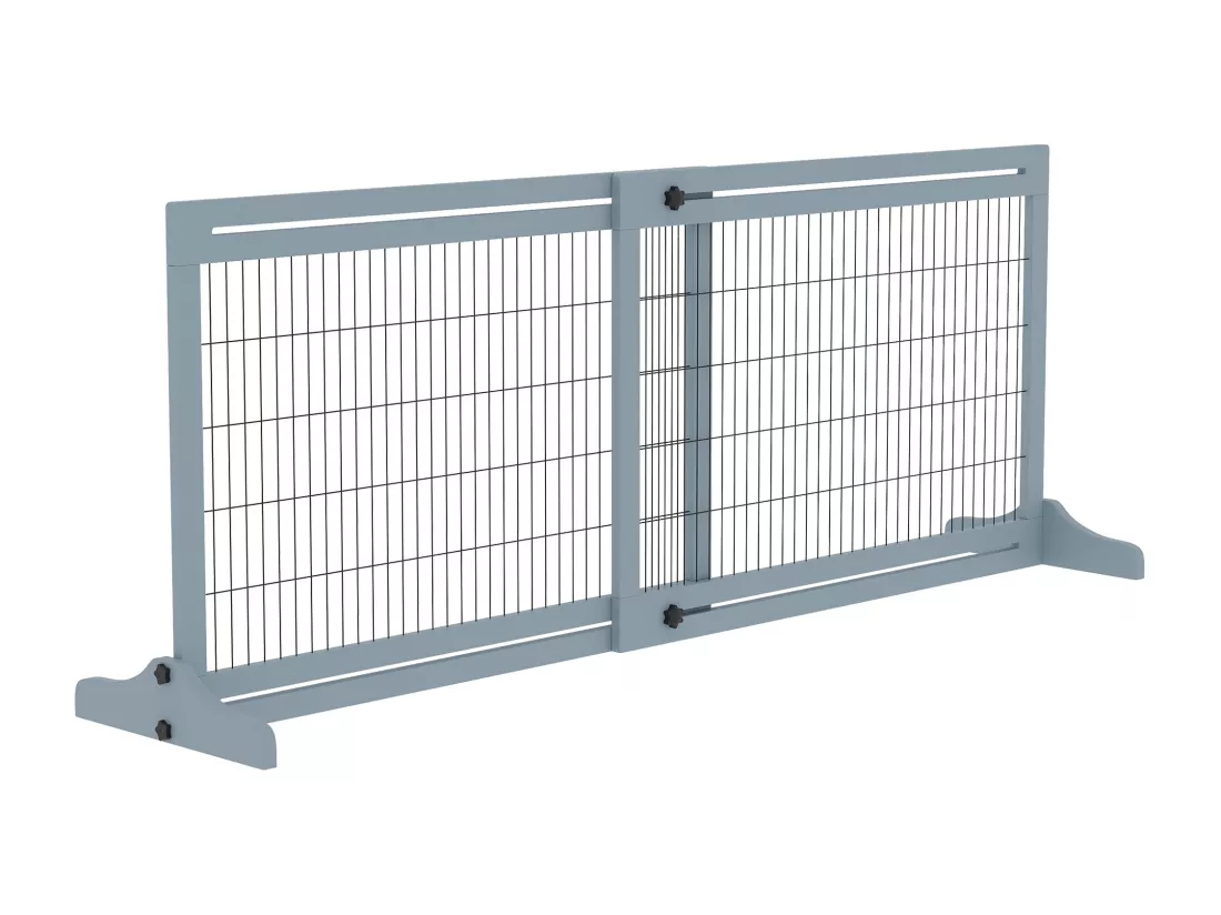Barrière de sécurité chien barrière autoportante longueur réglable dim. 104-183L x 36l x 69H cm bois pin gris acier noir