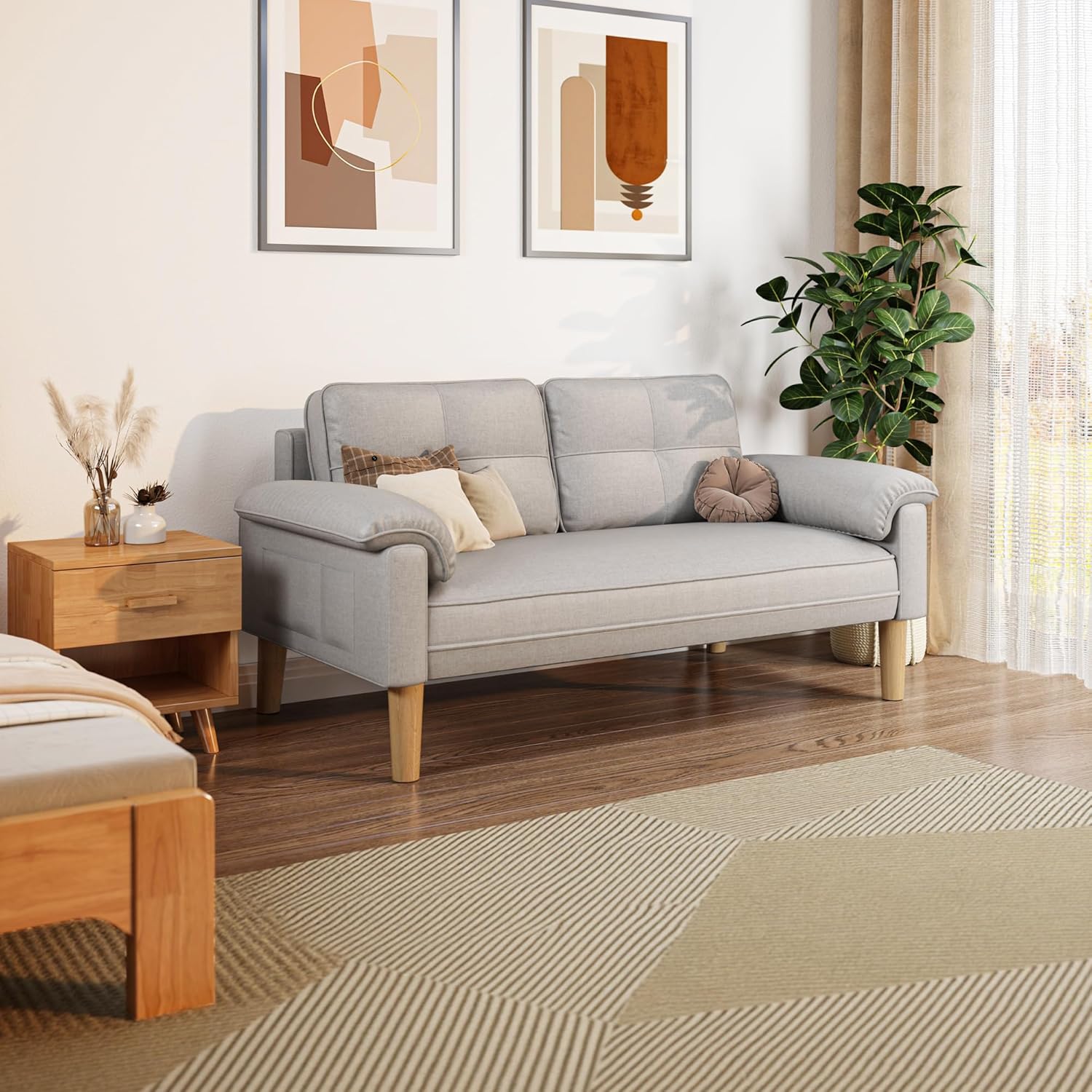 Xbro Couch 2 Sitzer, Kleine Sofa 2 Sitzer mit Armlehne und Seitentasche, Modernes Stoffcouch für Wohnzimmer,Wohnung,Büro,Einfache Montage, 144 x 77 x 77 cm, Hellgrau