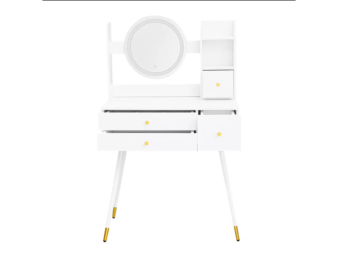 Coiffeuse - rangements & miroir à LED réglable - MDF - Blanc (tabouret non inclus)