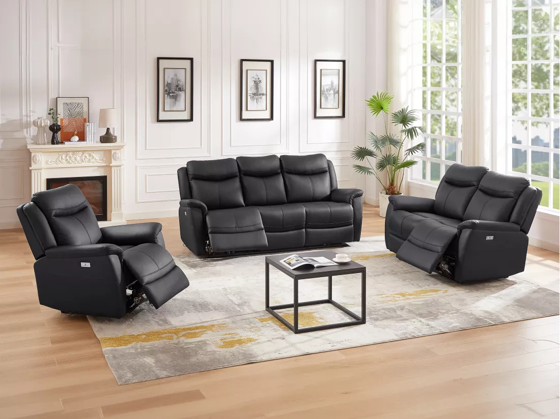 Canapés 3 places 2 places et un fauteuil relax électrique en cuir de vachette noir NOMAJO