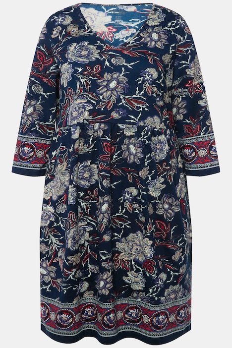 Jerseykleid, Blüten, A-Linie, V-Ausschnitt, 3/4-Arm