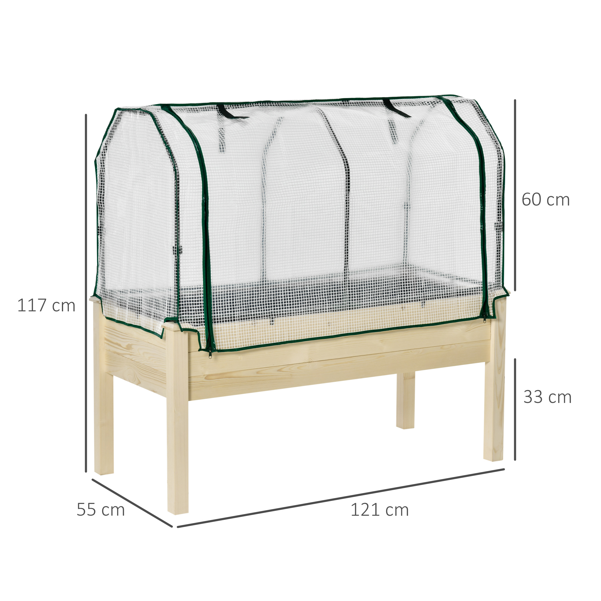 Horta urbana elevada de madeira Outsunny, 121x55x117 cm, com cobertura protetora, mesa para plantio de flores e vegetais em terraços e jardins, cor natural.