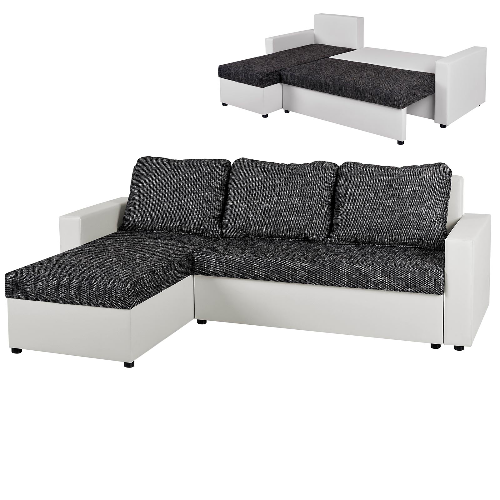 Ecksofa - weiß-schwarz - Liegefunktion