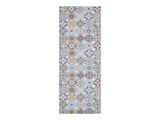 tapis cuisine 50x150 en PVC bleu et gris motif géométrique PKIT