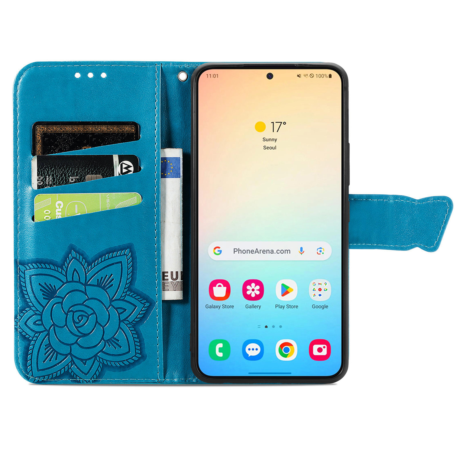 Samsung Galaxy S25  Plus Leder Tasche Flip Cover Schmetterlinge Imprint - Blau