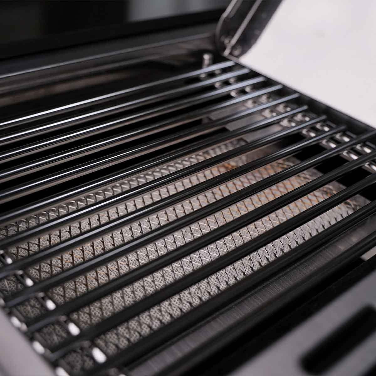 SANTOS Gasgrill S-418 – Edelstahl Grillroste, 800°C Infrarot-Zone, Heckbrenner, 4-Brenner, ausziehbares Warmhalterost, Gasgrill mit Seitenbrenner & Deckelthermometer