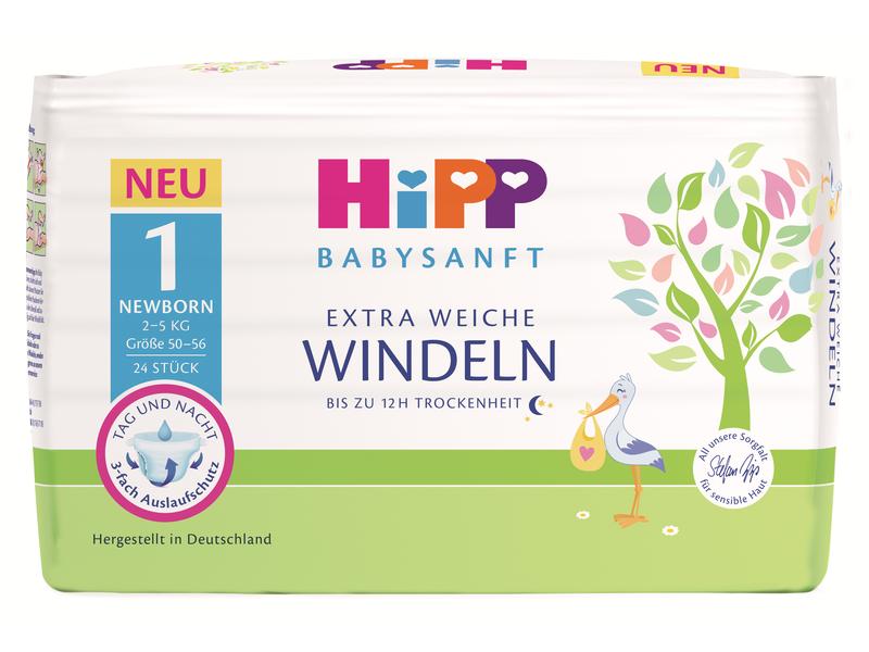 HIPP Neugeborenenwindeln Babysanft Grösse 1, 2x 24 Stk. Extra weiche Windeln
