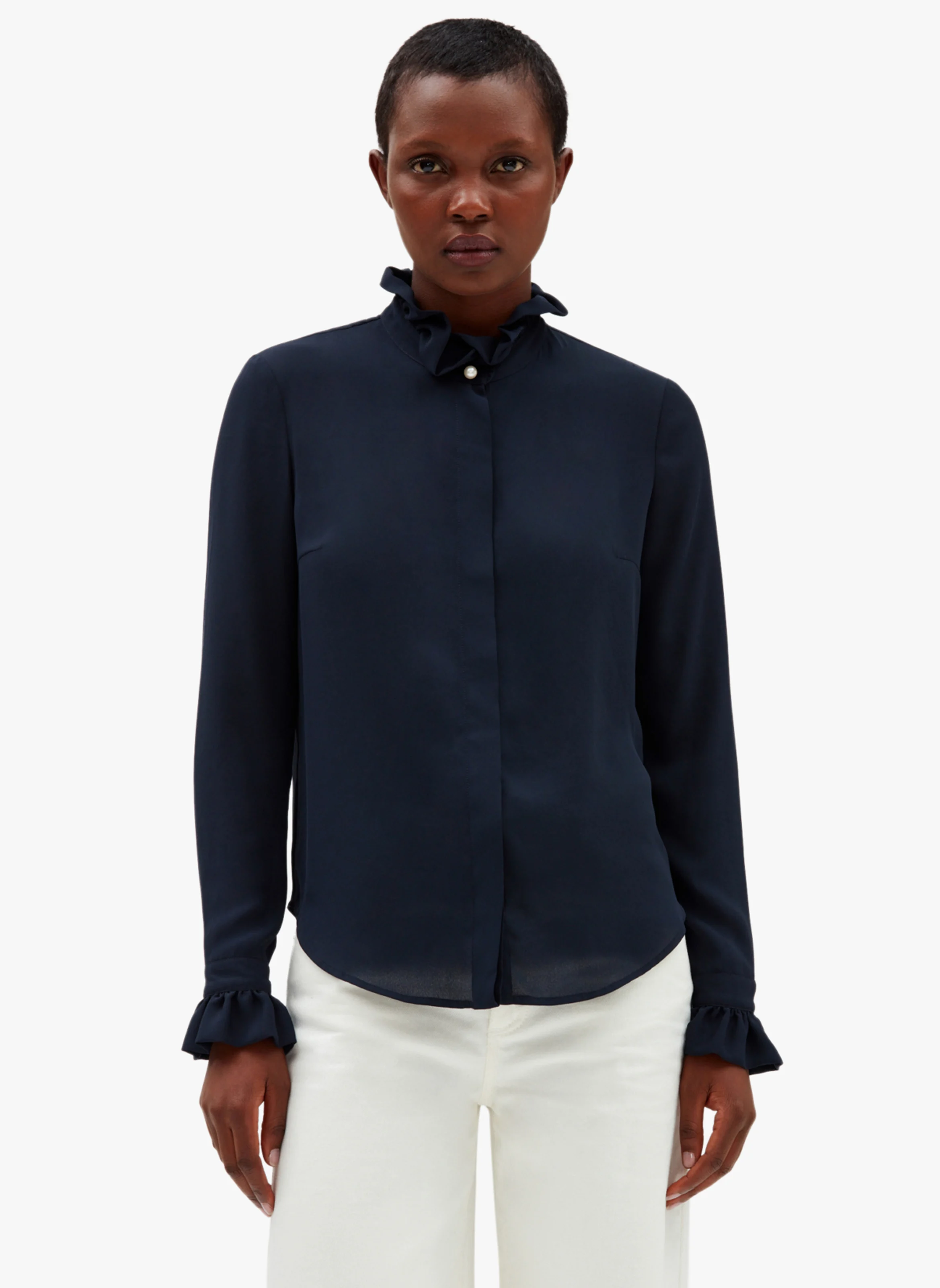 Chemise col victorien en crêpe | Bleu