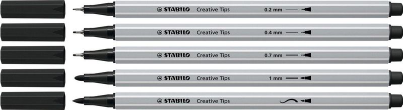 STABILO Creative Tips - Pennenset met diverse puntdiktes – ARTY – Etui met 5 stuks – Zwart