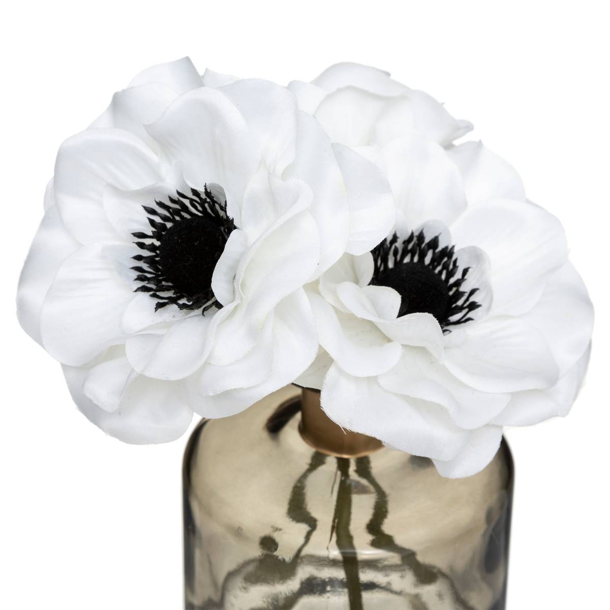 Bouquet d'anémones artificielles vase en verre coloré d. 9,5 x h. 20 cm