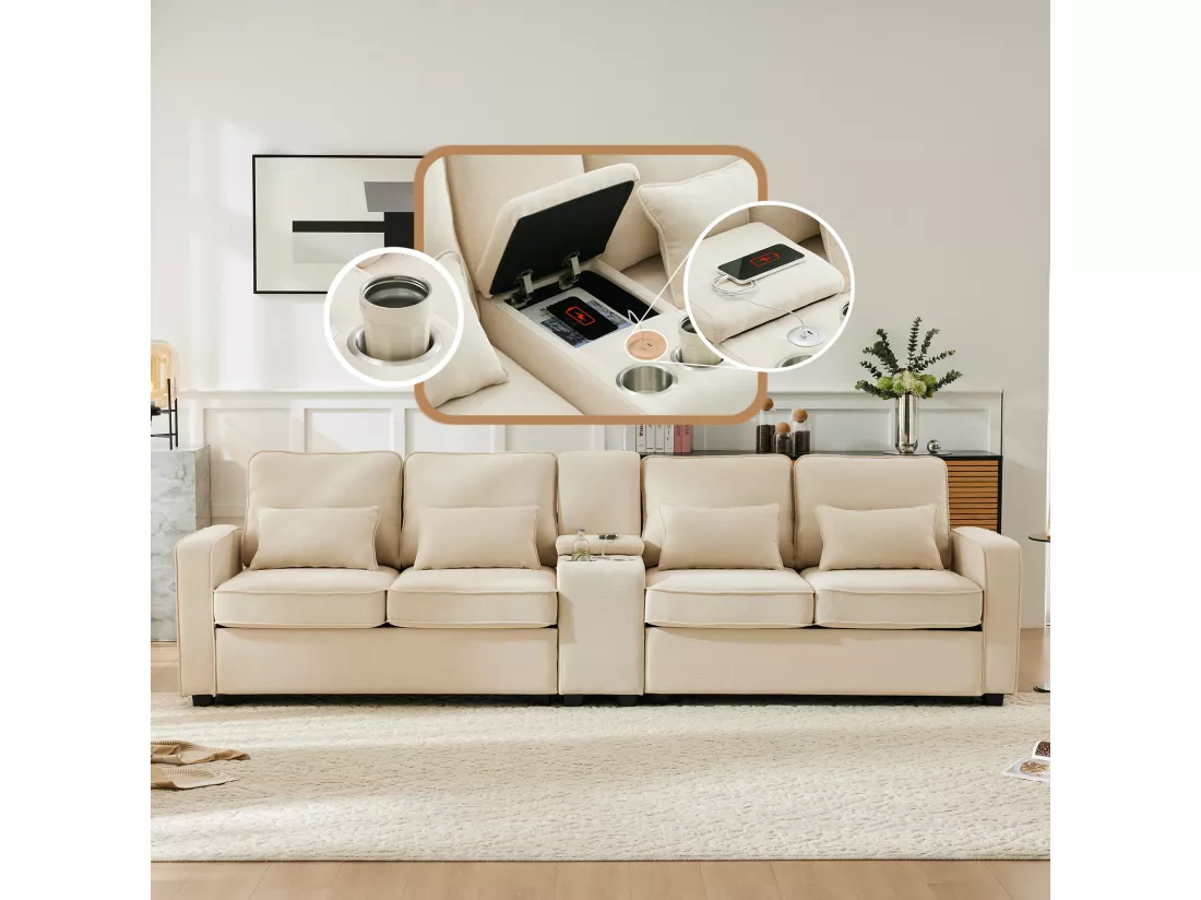 Canapé 4 places - 290 x 83 x 88 cm - avec 2 porte-gobelets, 2 ports USB, 2 poches et 4 coussins - Tissu en lin - Beige