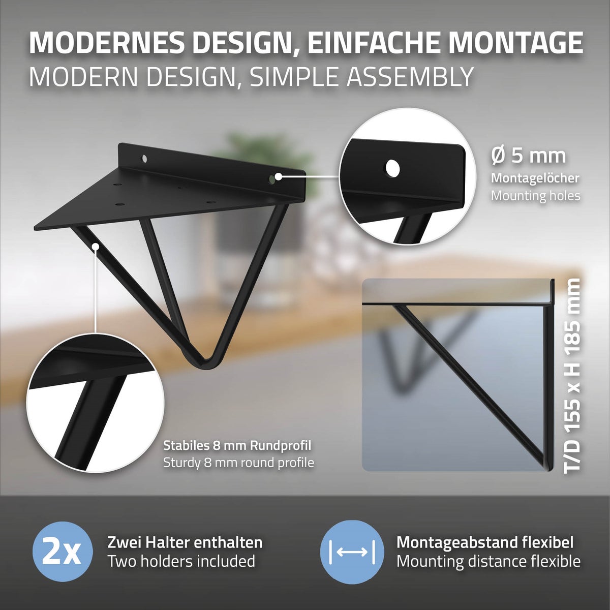 ML-Design 6-delige plankdragerset, 160 mm, zwart, metaal, driehoekige plankdragers, zwevende plankhoekdragers, haarspeld wandbeugels, prisma plankdragers voor wandmontage, haarspeld wandplank wandconsole