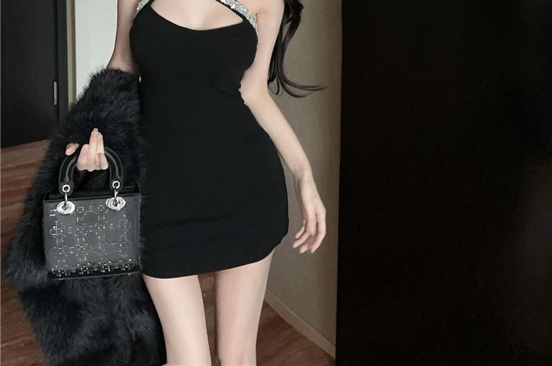 Dinse - Mouwloze, een-schouder, open rug en strass accent mini-bodyconjurk