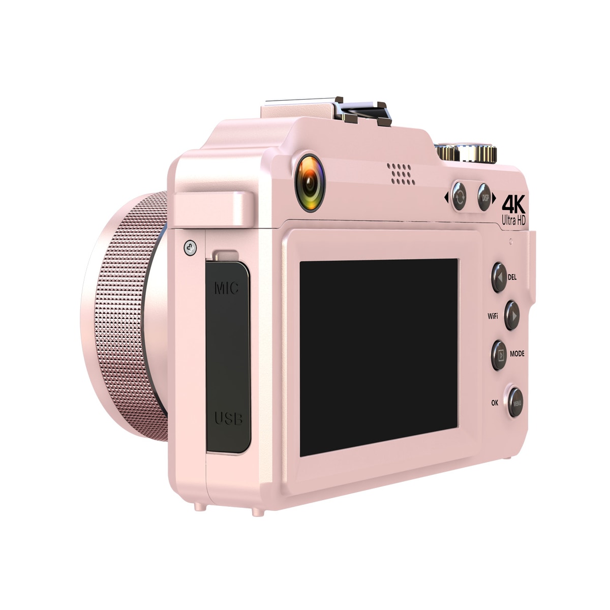 Digitalkamera 4K/48MP med 18X digital zoom, stabilisering og autofokus Rosa