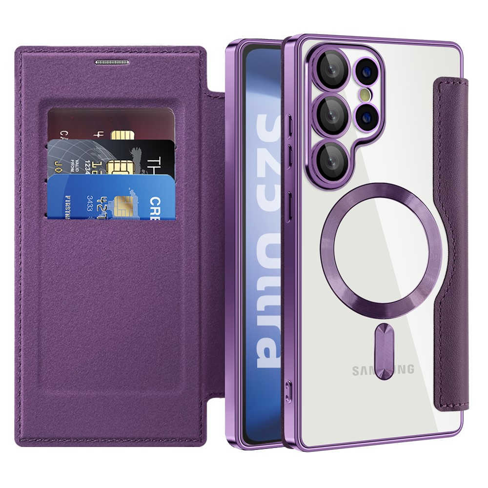 Samsung Galaxy S25 Ultra Hybrid Leder Tasche   Kunststoff Rückseite MagSafe-Modul (RFID Schutz) - Violett / Transparent