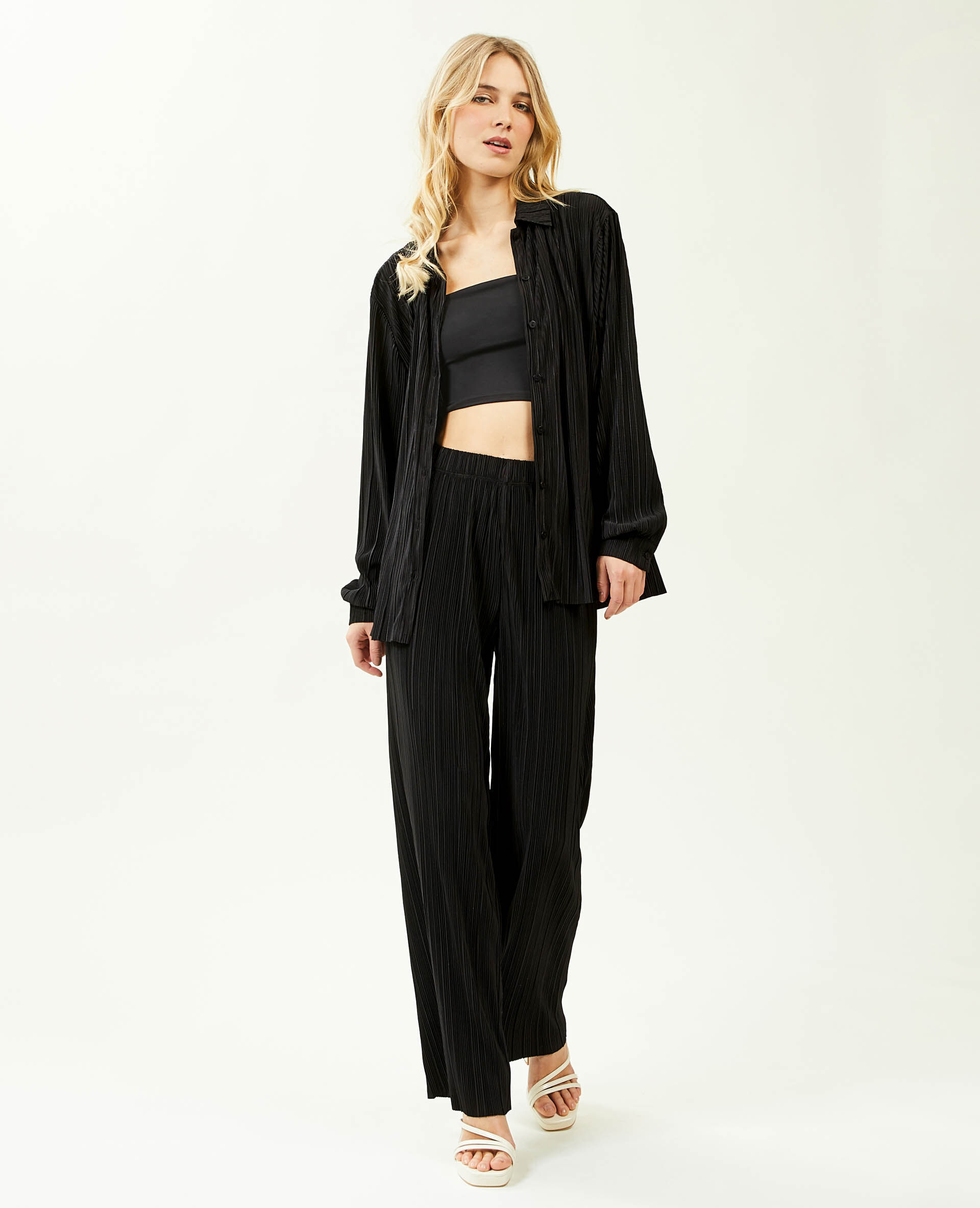 Pantalon large maille plissée - Noir