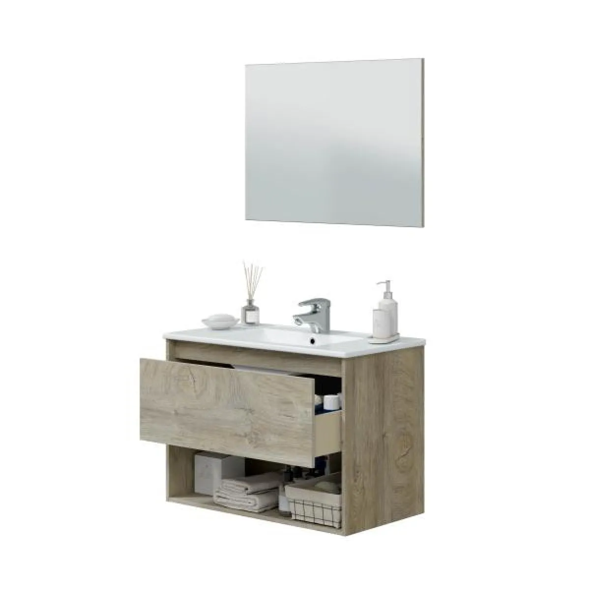 Dansmamaison Meuble sous vasque + vasque + miroir chêne BIGRA