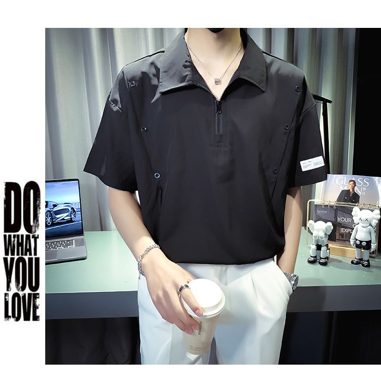 Hushgrain - Poloshirt met korte mouwen, revers en rits, effen en losvallend