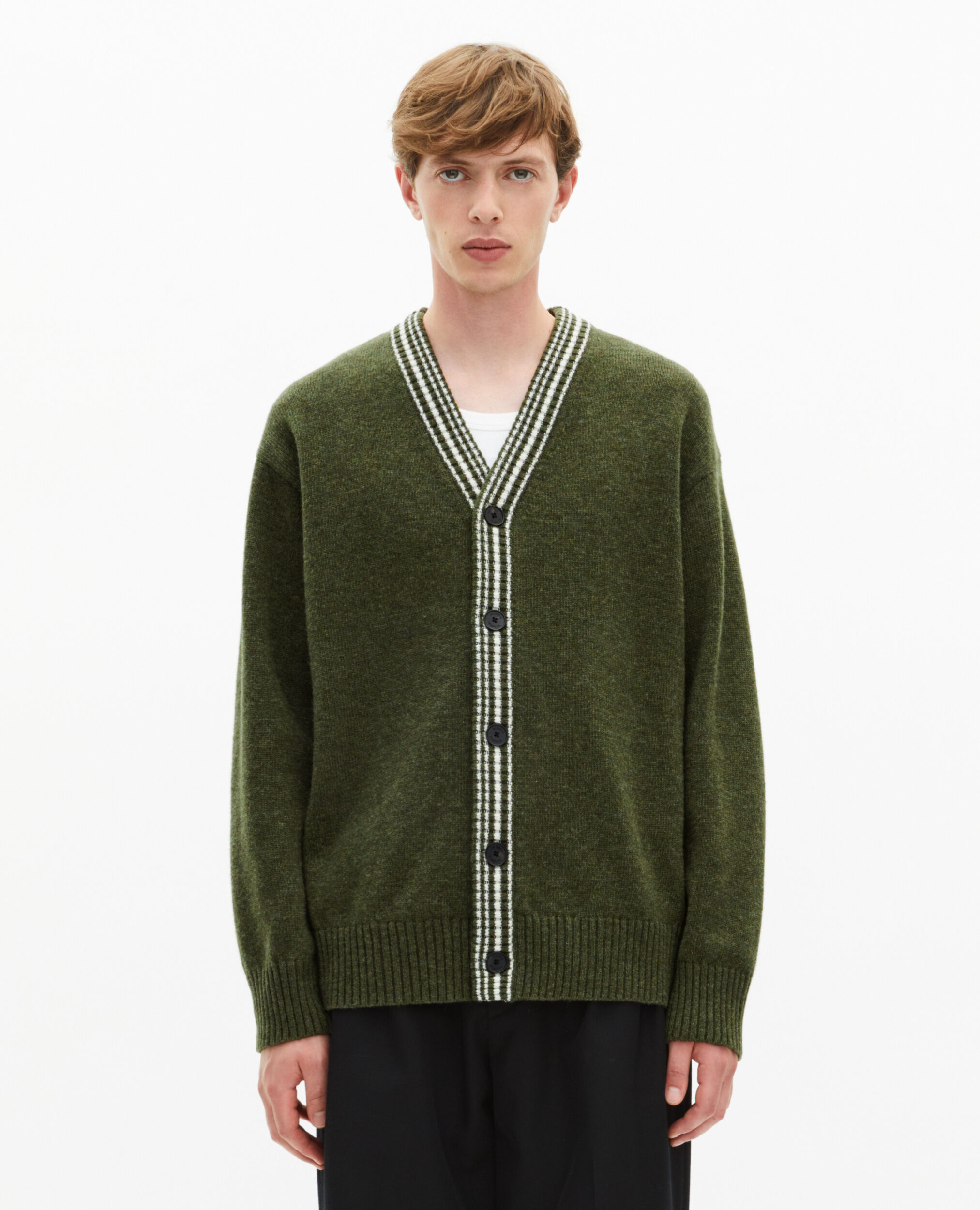 Cardigan en laine à rayures contrastées kaki