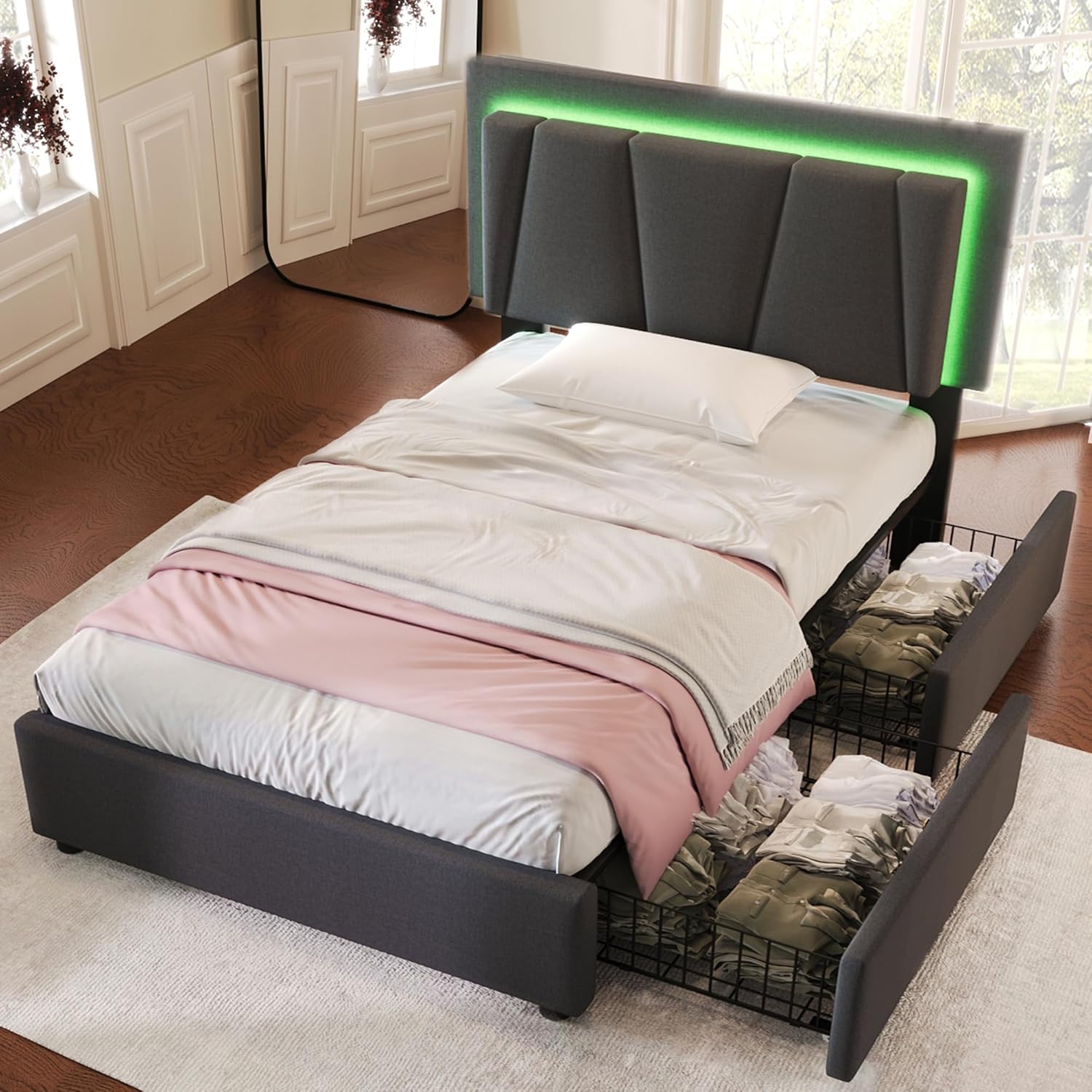 Kehun Polsterbett 90x200 cm, Einzelbett mit LED-Kopfteil, Stauraumbett 2 Stauraum Schubladen,Lattenrost aus Holz, Modern Bett Bettgestell aus Metallrahmen, Leinen, Grau, Ohne Matratze