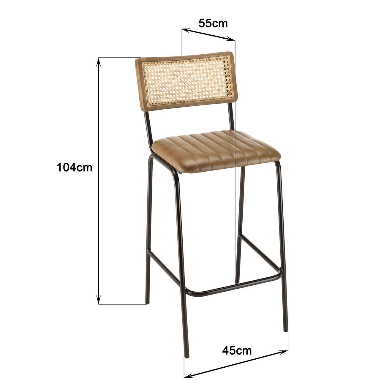 Macabane 2 Tabourets de bar assise matelassée en Cuir rotin/noir - 45x55x104 cm