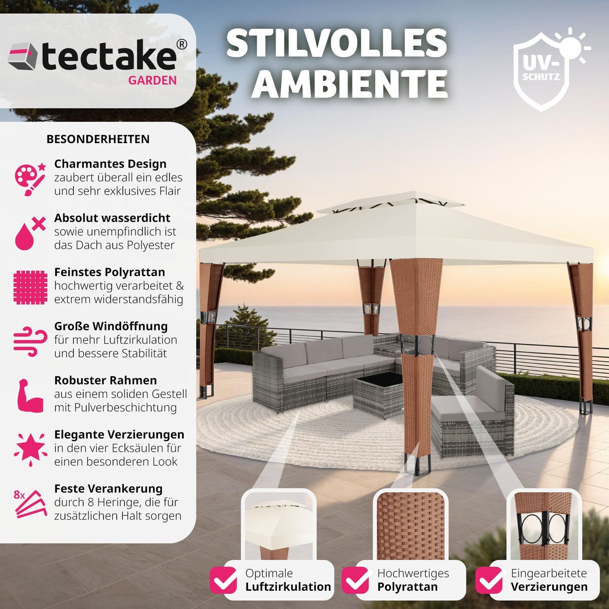 Rotan tuinpaviljoen tectake Mona 4 x 3 m inclusief haringen