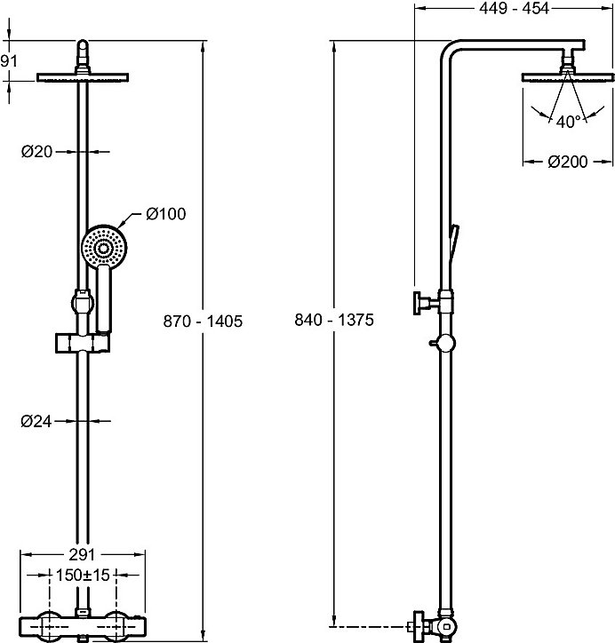 Colonne de douche thermostatique avec pommeau + douchette 1 jet + flexible + barre réglable, chromé, Jacob Delafon Marcel