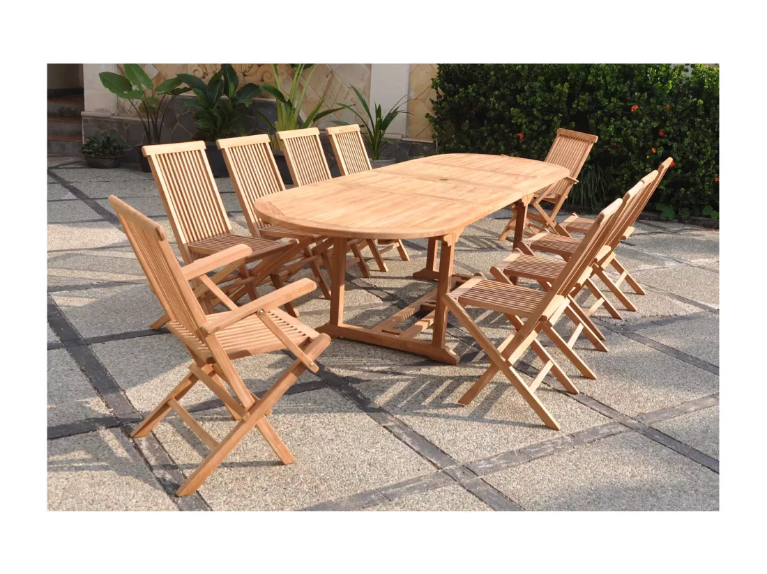 Salon de jardin Teck massif 10 à 12 personnes - Table ovale + 8 chaises + 2 fauteuils Kajang