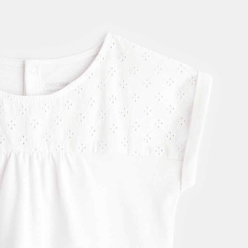 T-shirt bi-matière broderie anglaise blanc bébé fille