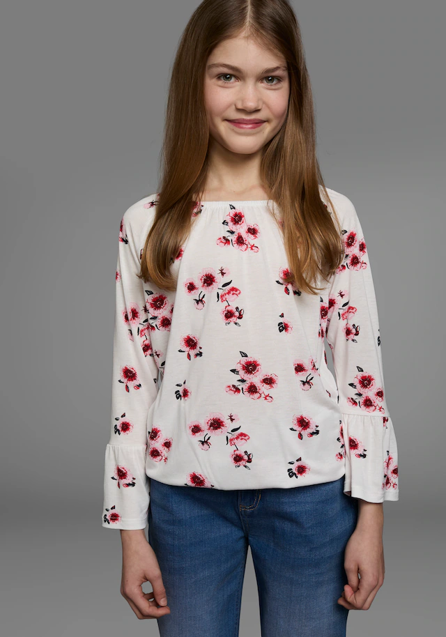 KIDSWORLD Carmenshirt »Viskose-Shirt«, weite Passform,  mit Blumenmuster und Aufdruck,  Carmenausschnitt