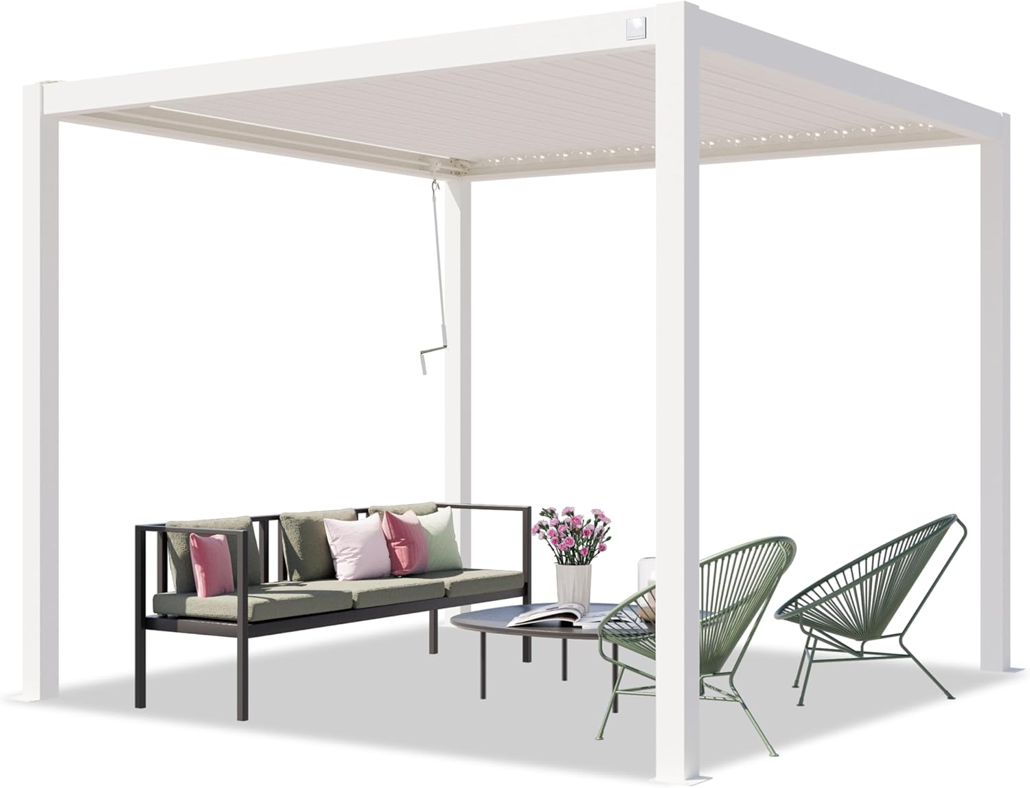 PRIMEYARD Pergola 3x3 m weiße Aluminium-Pfosten mit Lamellendach aus Stahl Terrassenüberdachung