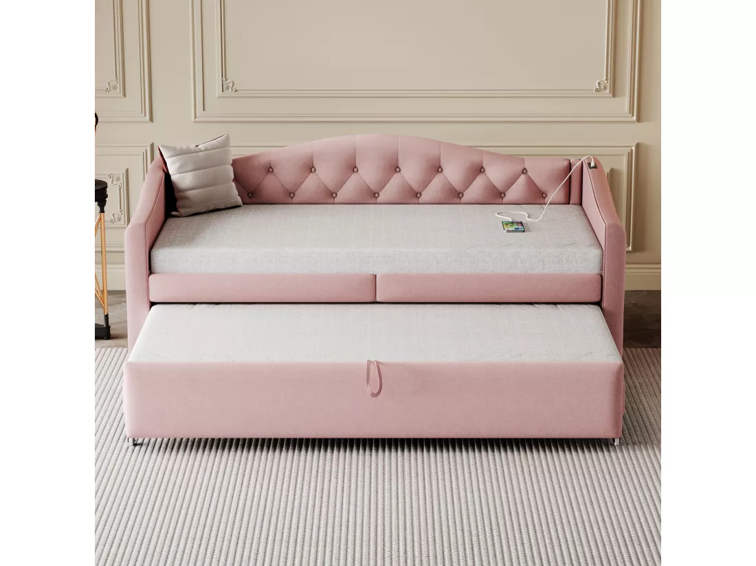 Lit gigogne 90 x 200 cm avec prises USB, canapé-lit - Tissu en lin - Sommier à lattes - Rose (sans matelas)