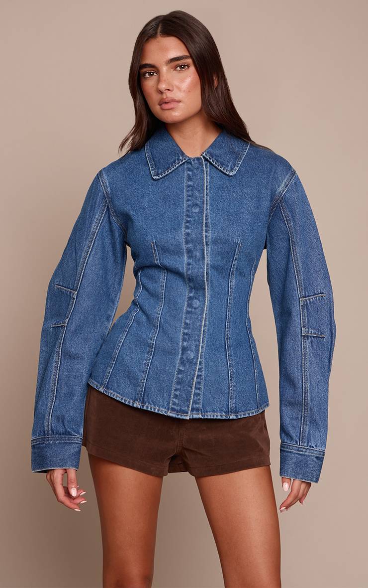 Bleu Foncé Chemise En Jean Cintrée À Manches Ballon