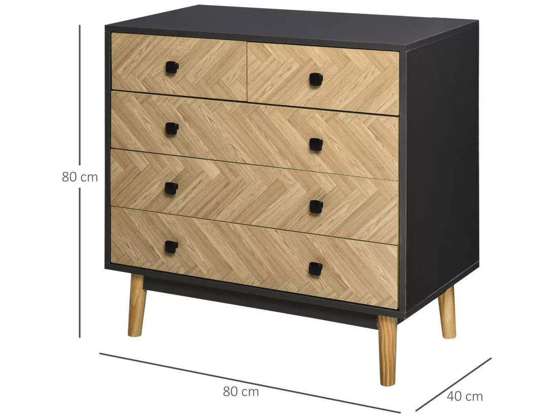 Commode 5 tiroirs design scandinave graphique dim. 80L x 40l x 80H cm panneaux de particules gris foncé chêne clair
