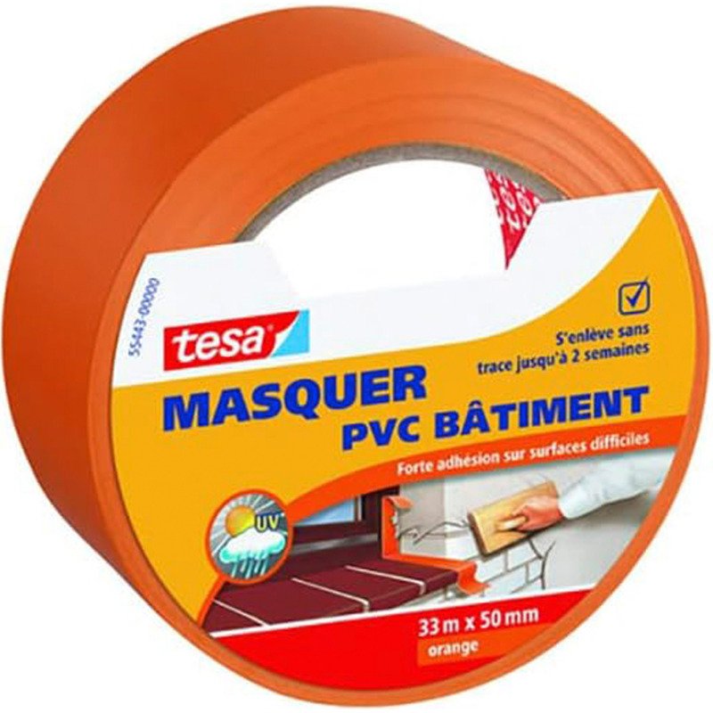 Ruban adhésif spécial bâtiment  en PVC Tesa - 33 m x 50 mm, orange