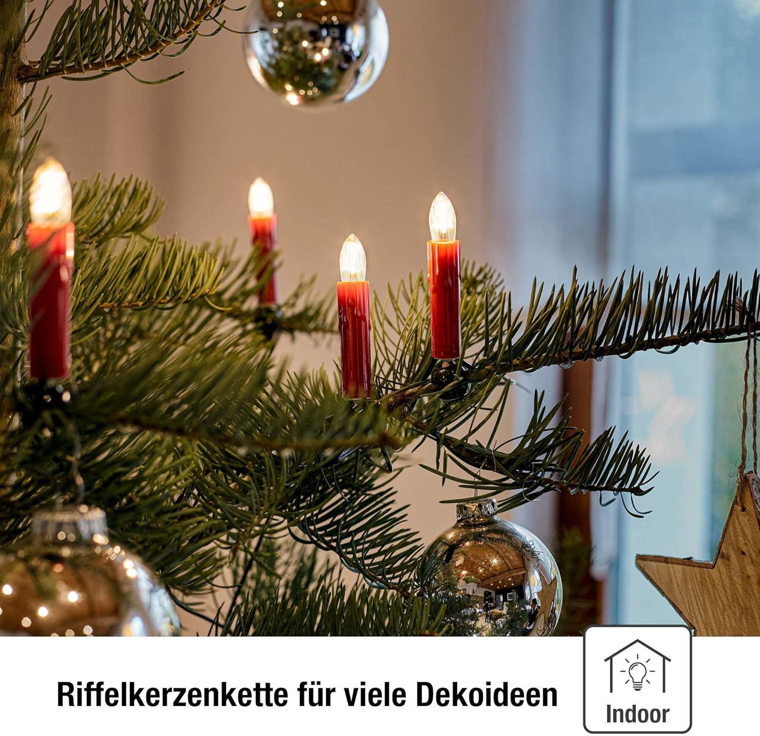 hellum Lichterkette LED-Filament mit Wachstropfen, Made in Germany, Riffelkerzenketten mit Clip, 30 Lichter, beleuchtete Länge 20,3 m, warmweiß, Schaft rot, für Innen, teilbarer Stecker