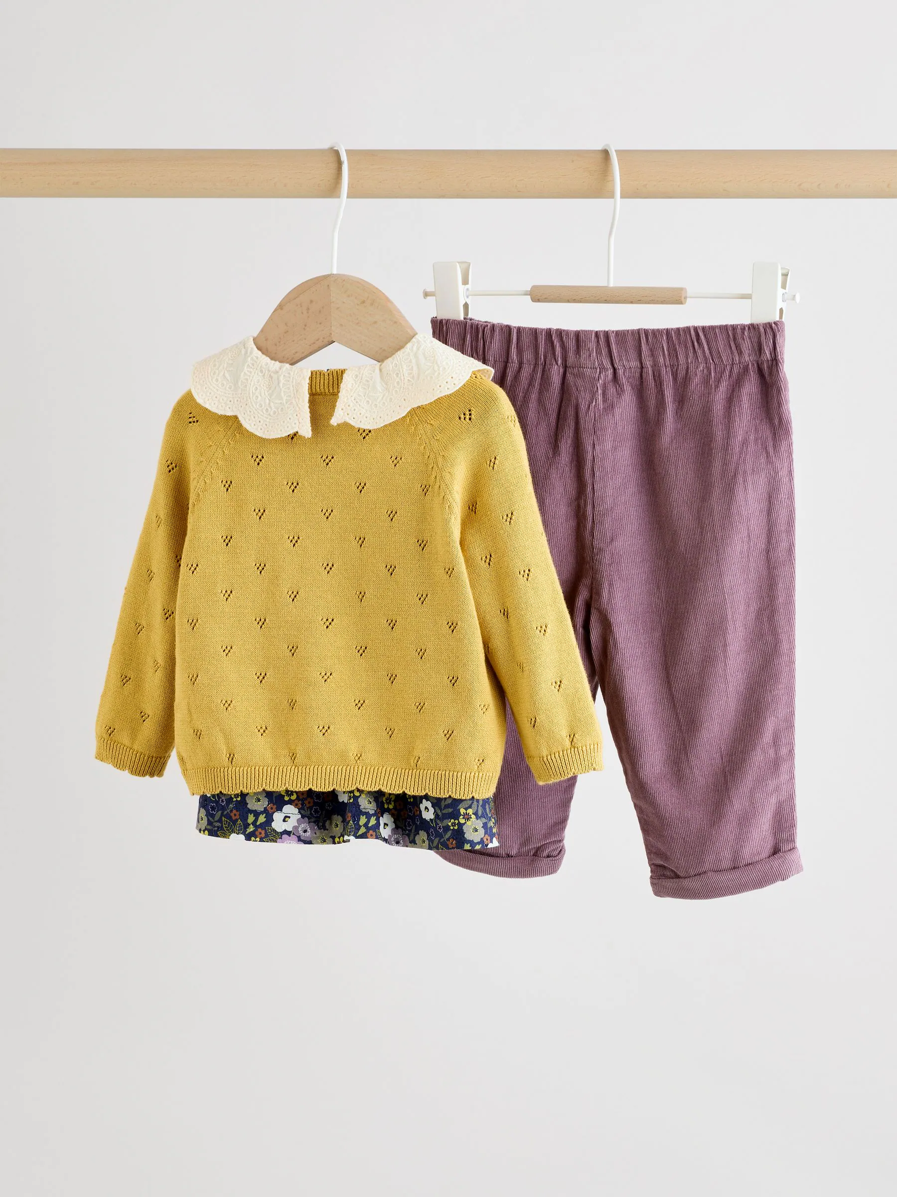 Geel/marineblauw met fijne print/paars - Knitted Cardigan, Long Sleeve Top and Cord Trouses Baby 3 Piece Set (0mths-2yrs)