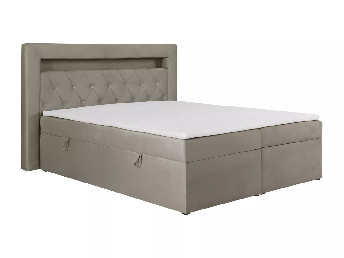 Ensemble complet literie déco tête de lit avec led + sommiers coffre + matelas + surmatelas - 160 x 200 cm - Velours - Taupe - ORANA de YSMÉE
