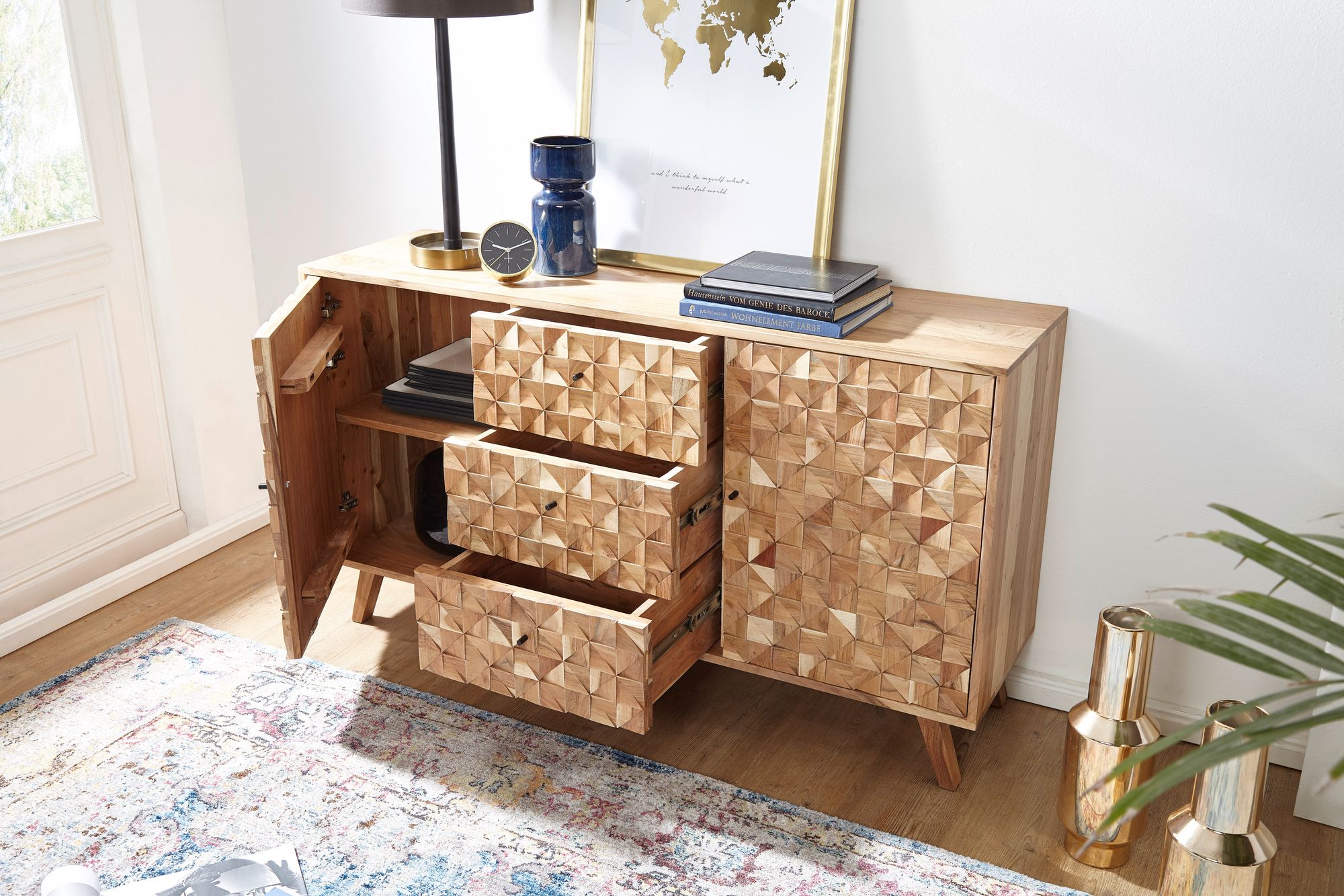 FineBuy Sideboard 140 cm Anrichte Akazie Kommode Schrank Massiv Holz Braun