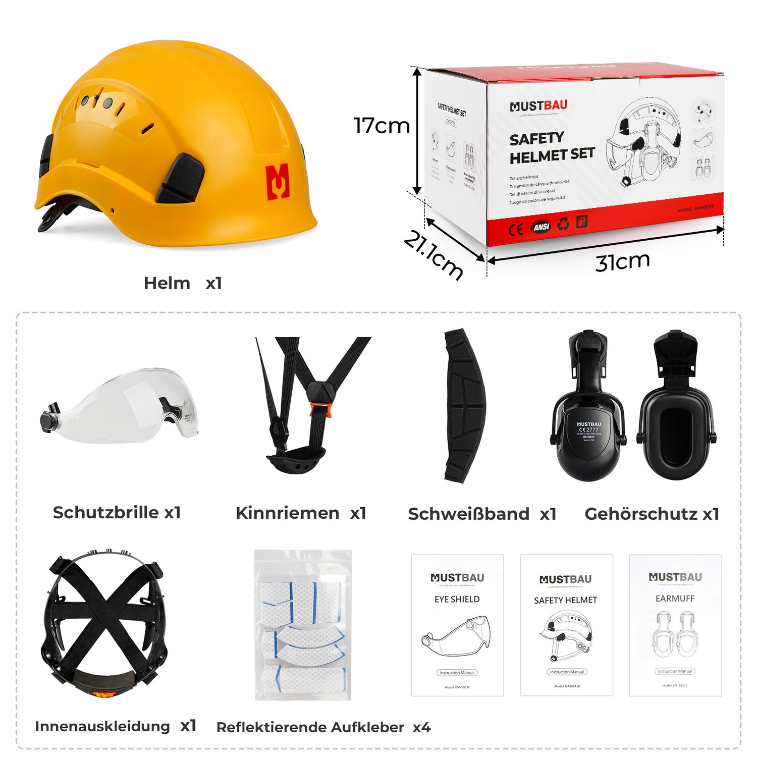 Mustbau Sicherheitshelm-Set, EN397 Schutzhelm mit Ohr- und Gesichtsschutz, verstellbares Kopfband von 53 bis 63 cm, strapazierfähiges ABS-Material