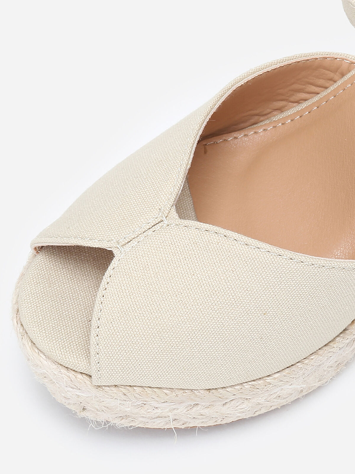 Espadrilles compensées peep toes en toile- Beige