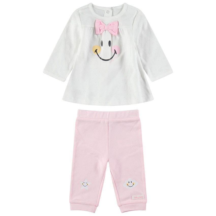 Ensemble avec tunique print Smiley et legging rose - Ecru