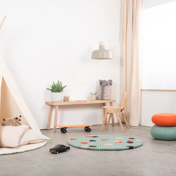 myfelt - Terra Ocean Filzkugelteppich, Ø 90 cm, türkis / rot / beige / grau