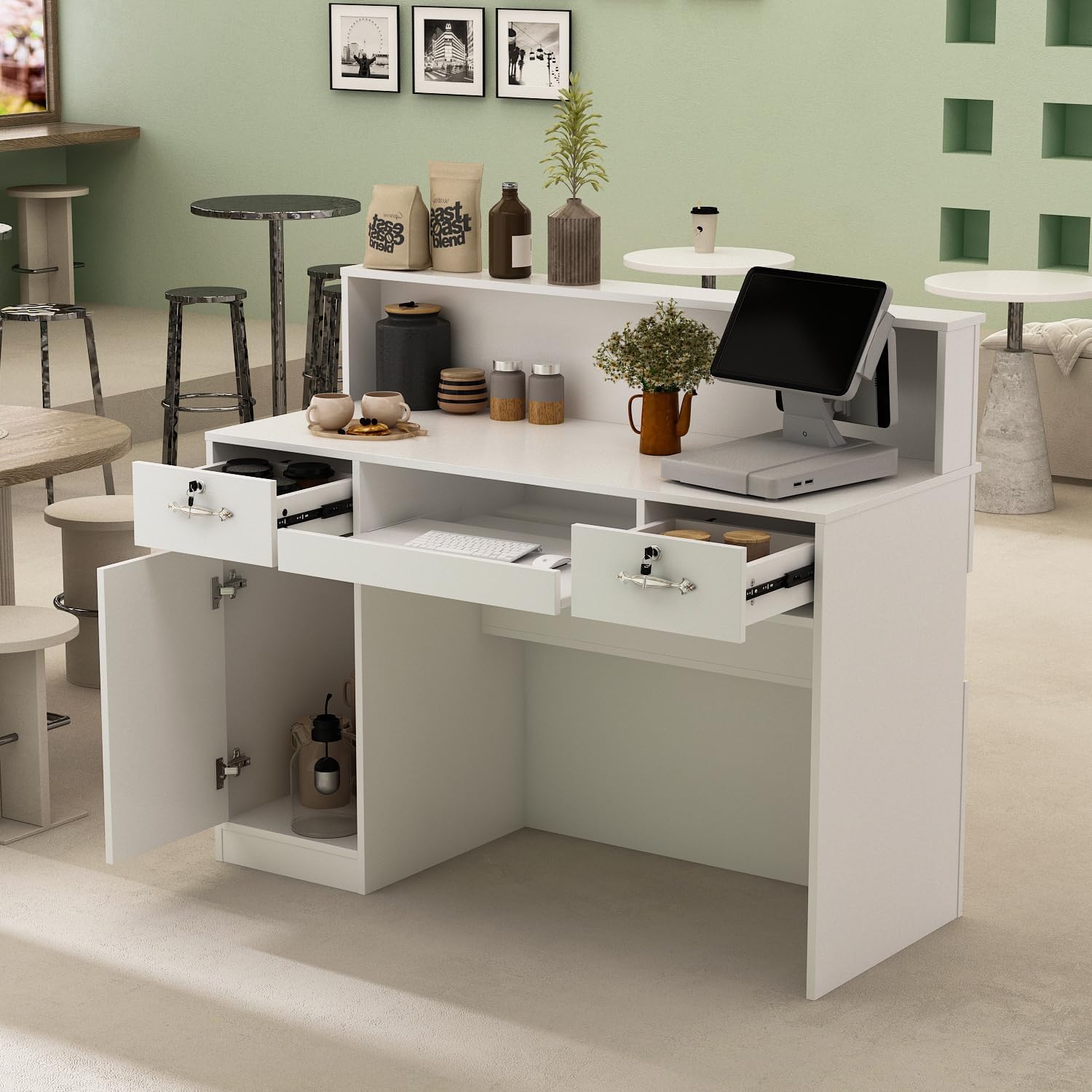 Empfangstheke mit Schubladen, Rezeption in weiß, Empfangstresen, Bürotheke, für Firmenhallen, Hotelrezeptionen, Bekleidungsgeschäften, Konditoreien, Obstgeschäften 50 T x 120 B x100 H cm