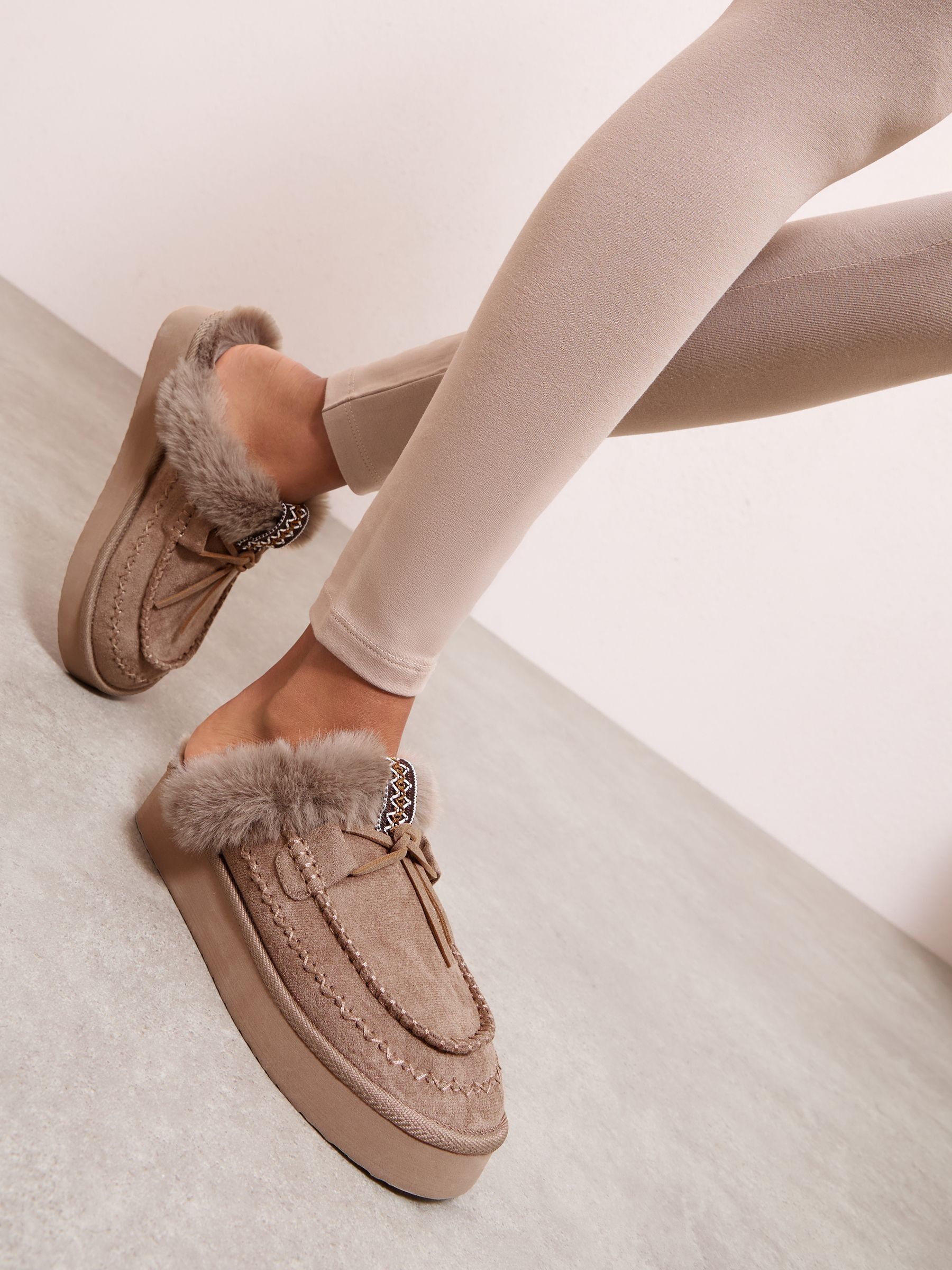 Taupe - Friends Like These Suedette Faux Fur Lined Whipstitch Mule Slippers