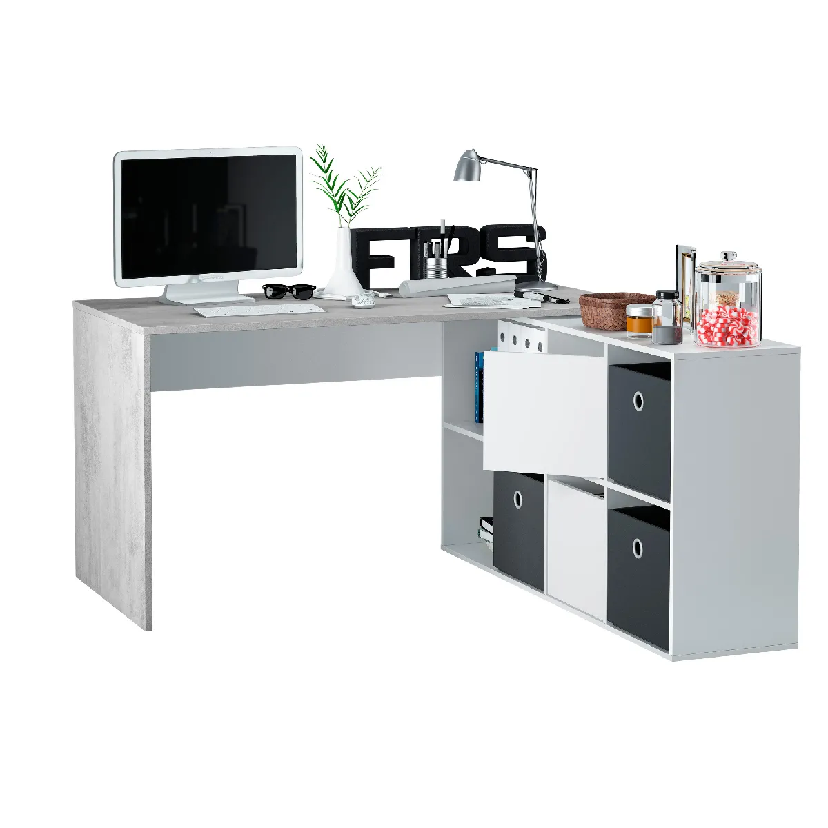 Alter Bureau réversible avec bibliothèque béton Anthracite